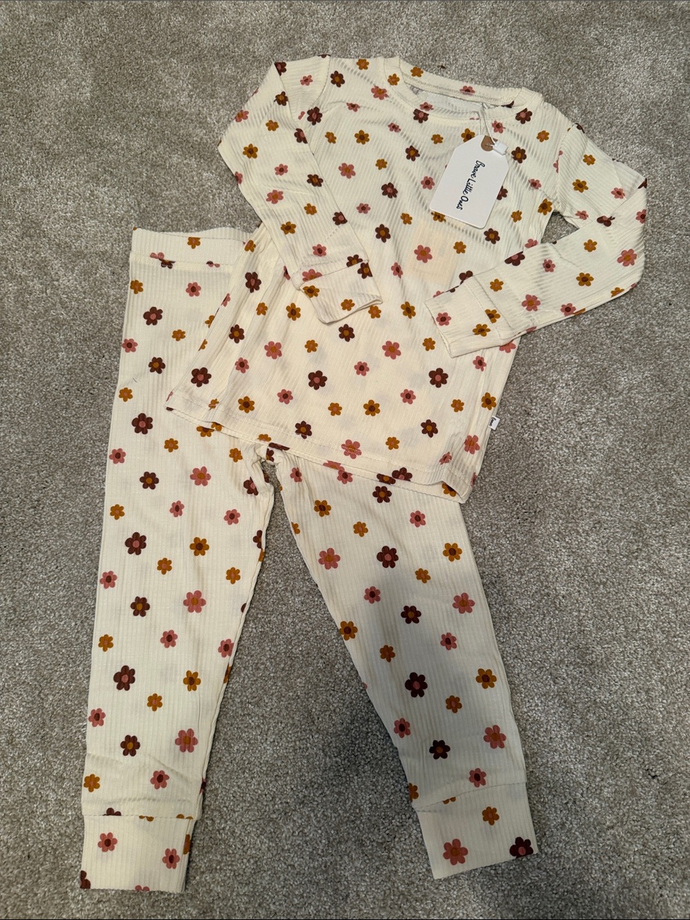 Floral Ribbed Kids Pajama Set - Cream with Pink & Mustard Flowers